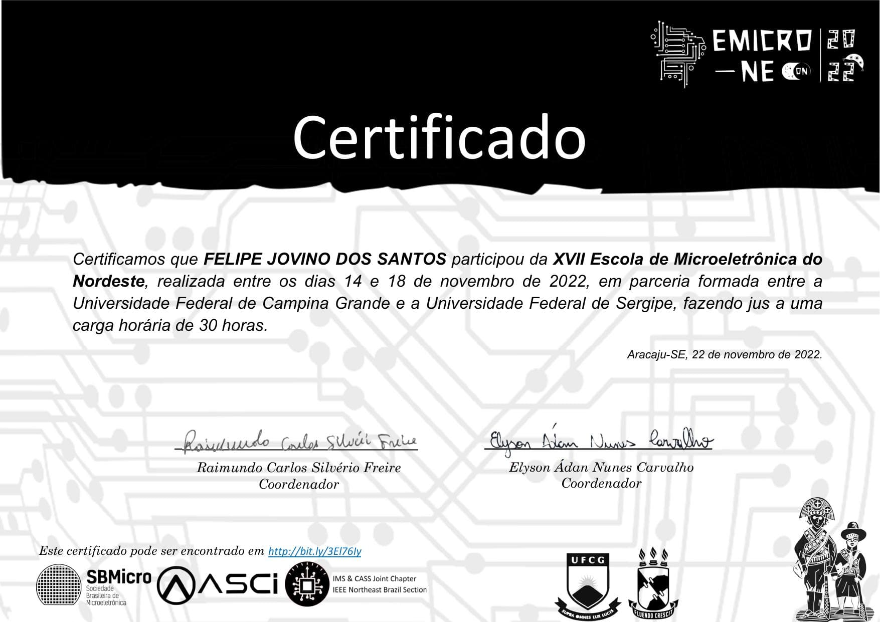 Certificado XVII Escola de Microeletrônica do Nordeste 2022 de Felipe Jovino dos Santos