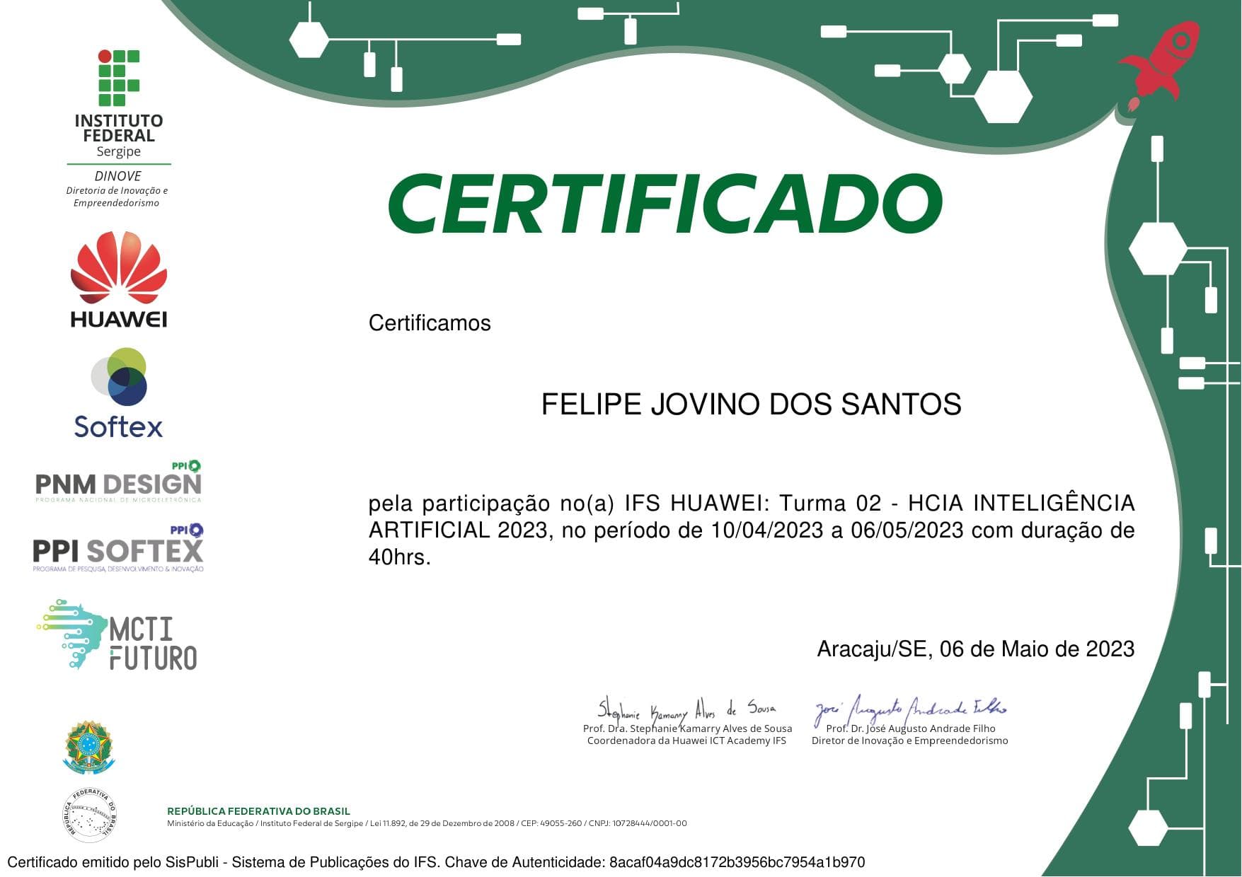 Certificado Huawei HCIA Inteligência Artificial 2023 de Felipe Jovino dos Santos