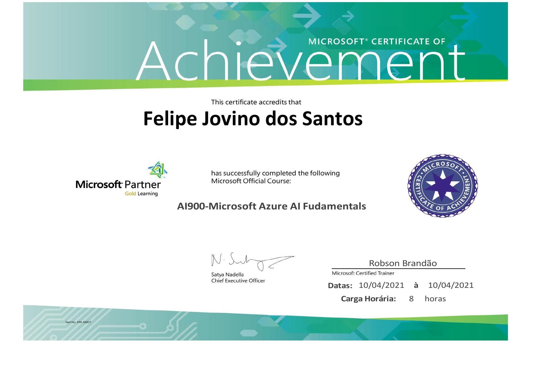 Microsoft Certificate of Achievement AI-900 Azure AI Fundamentals de Felipe Jovino dos Santos