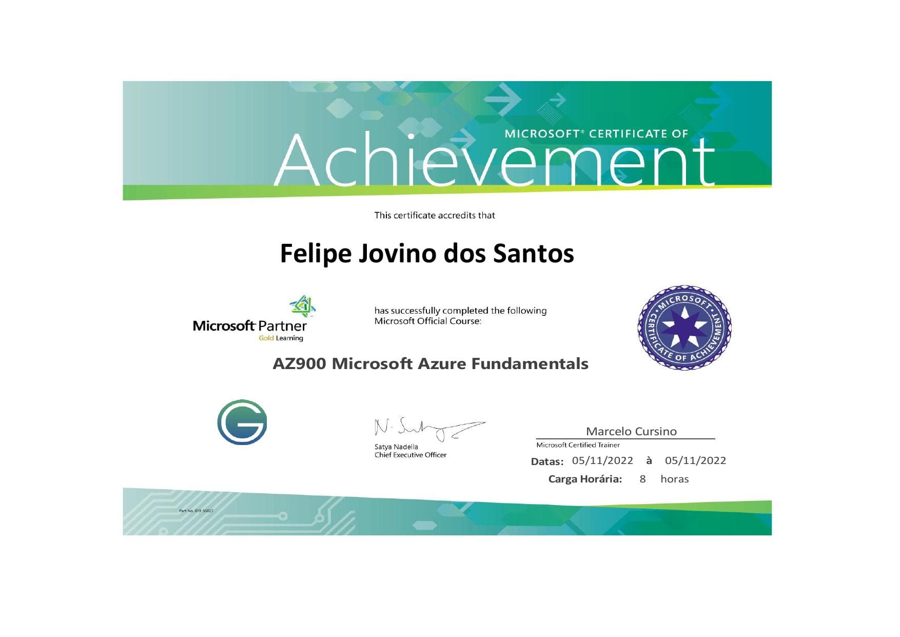 Microsoft Certificate of Achievement AZ-900 Azure Fundamentals de Felipe Jovino dos Santos