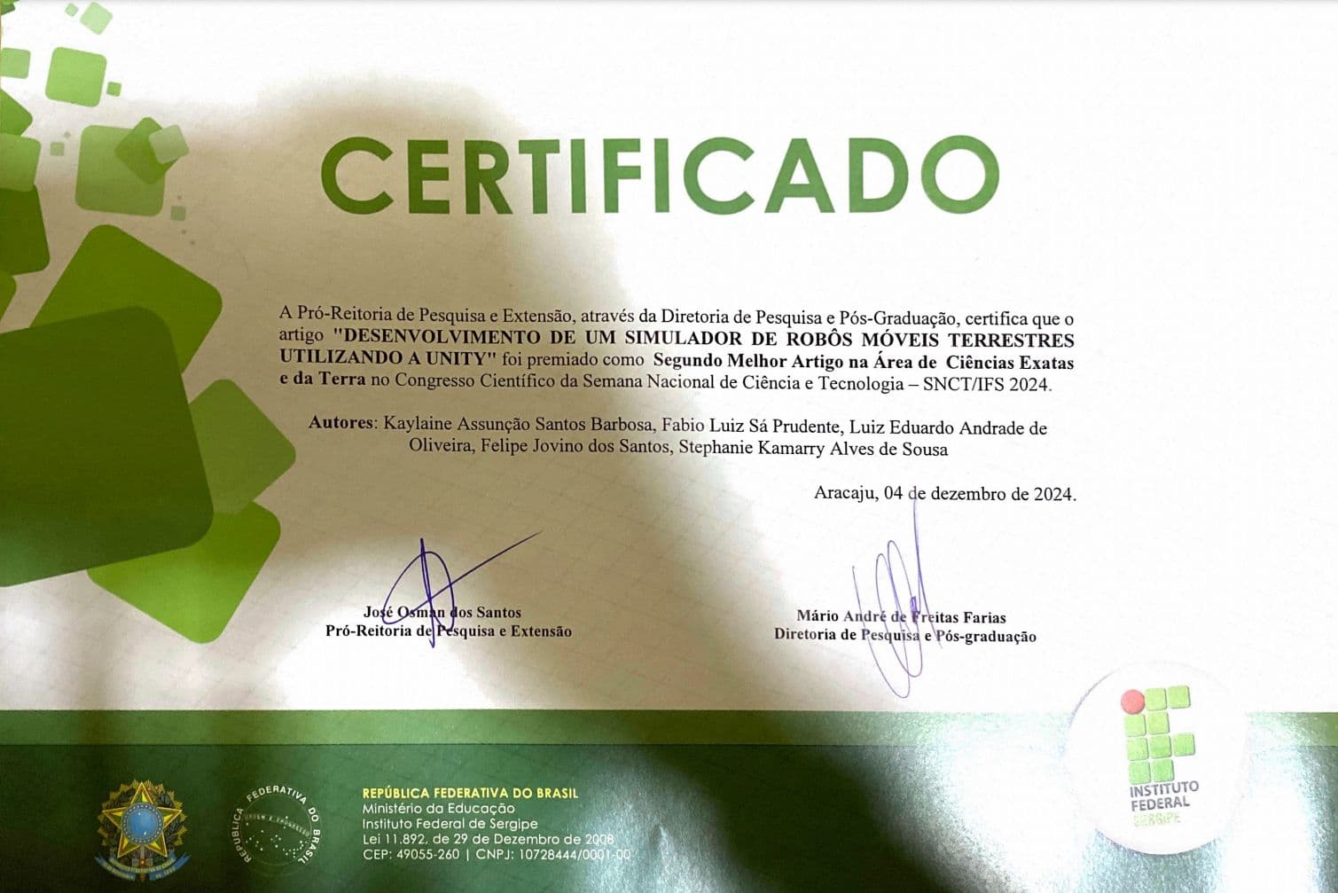 Certificado de Segundo Melhor Artigo na SNCT/IFS 2024 para o artigo Desenvolvimento de um simulador de robôs móveis terrestres utilizando a Unity