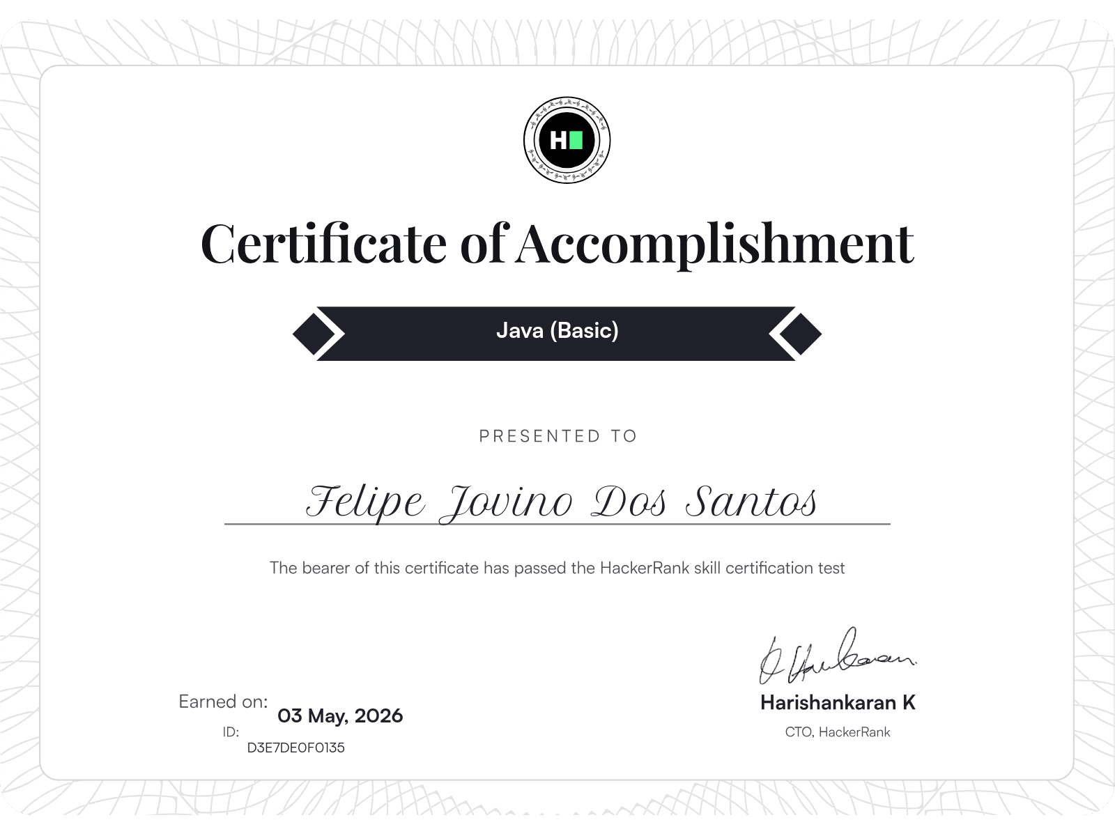 Certificado HackerRank Java (Basic) Certificate of Accomplishment emitido para Felipe Jovino dos Santos em 03 de maio de 2026