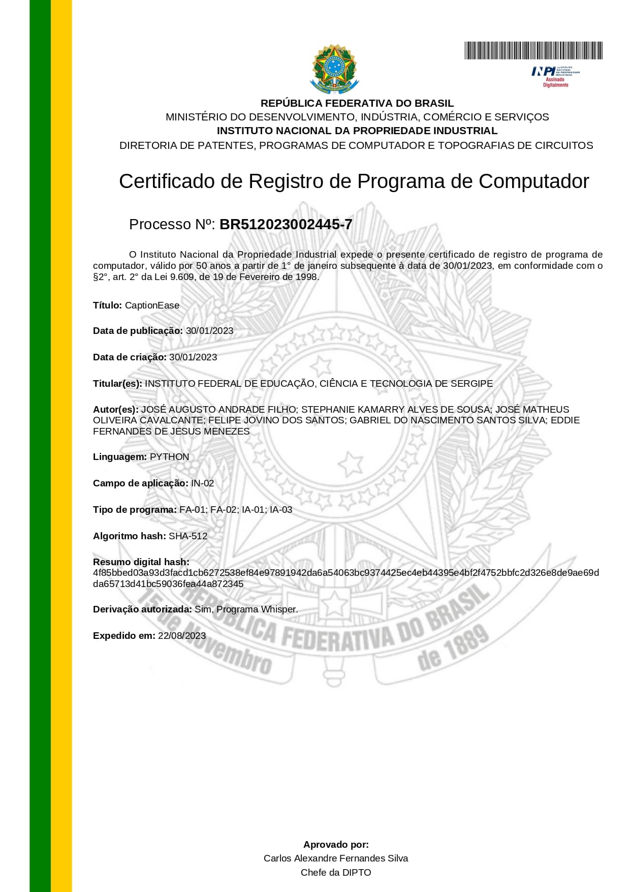 Certificado de Registro de Programa de Computador do INPI para CaptionEase — processo BR512023002445-7