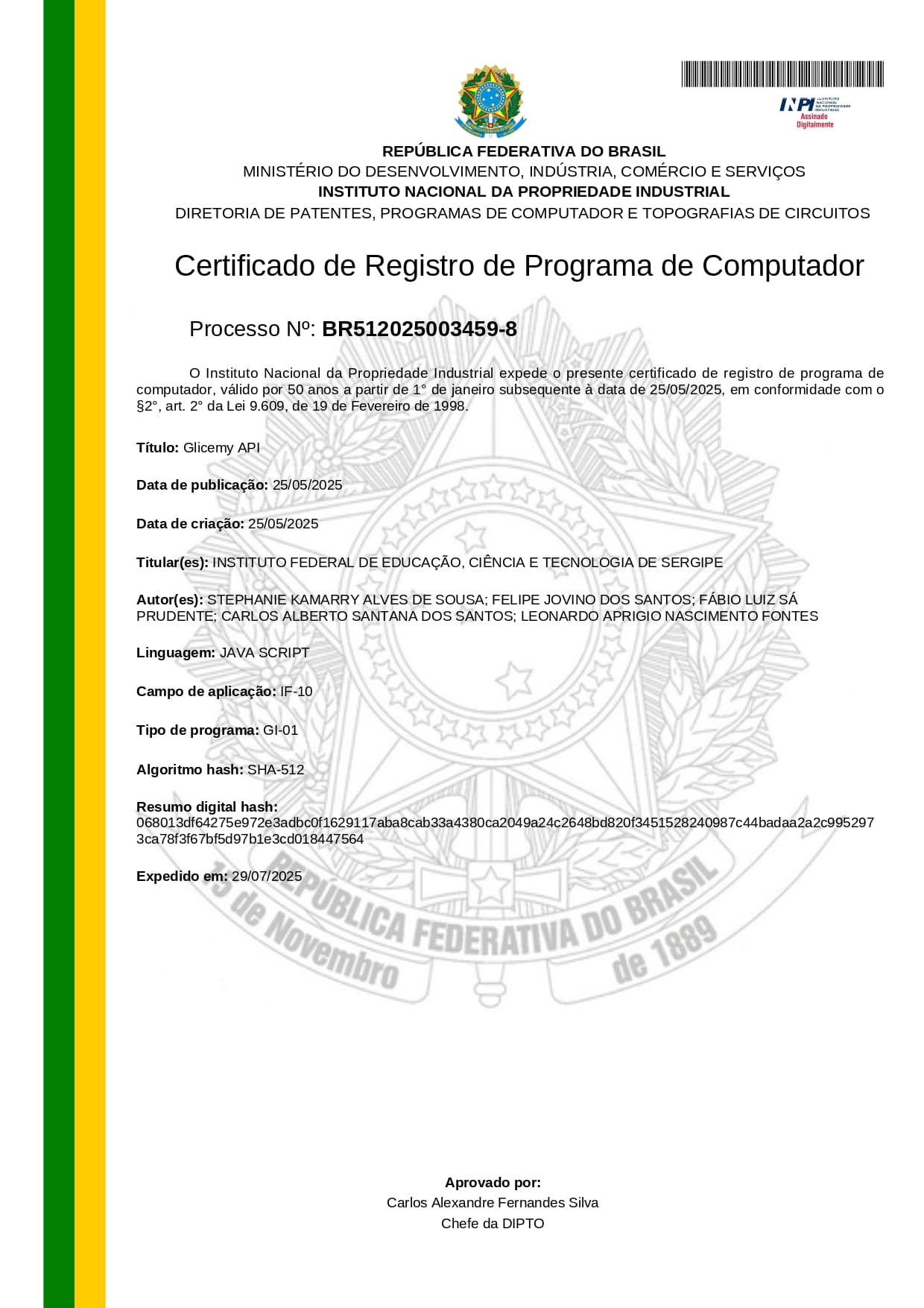 Certificado de Registro de Programa de Computador do INPI para Glicemy API — processo BR512025003459-8