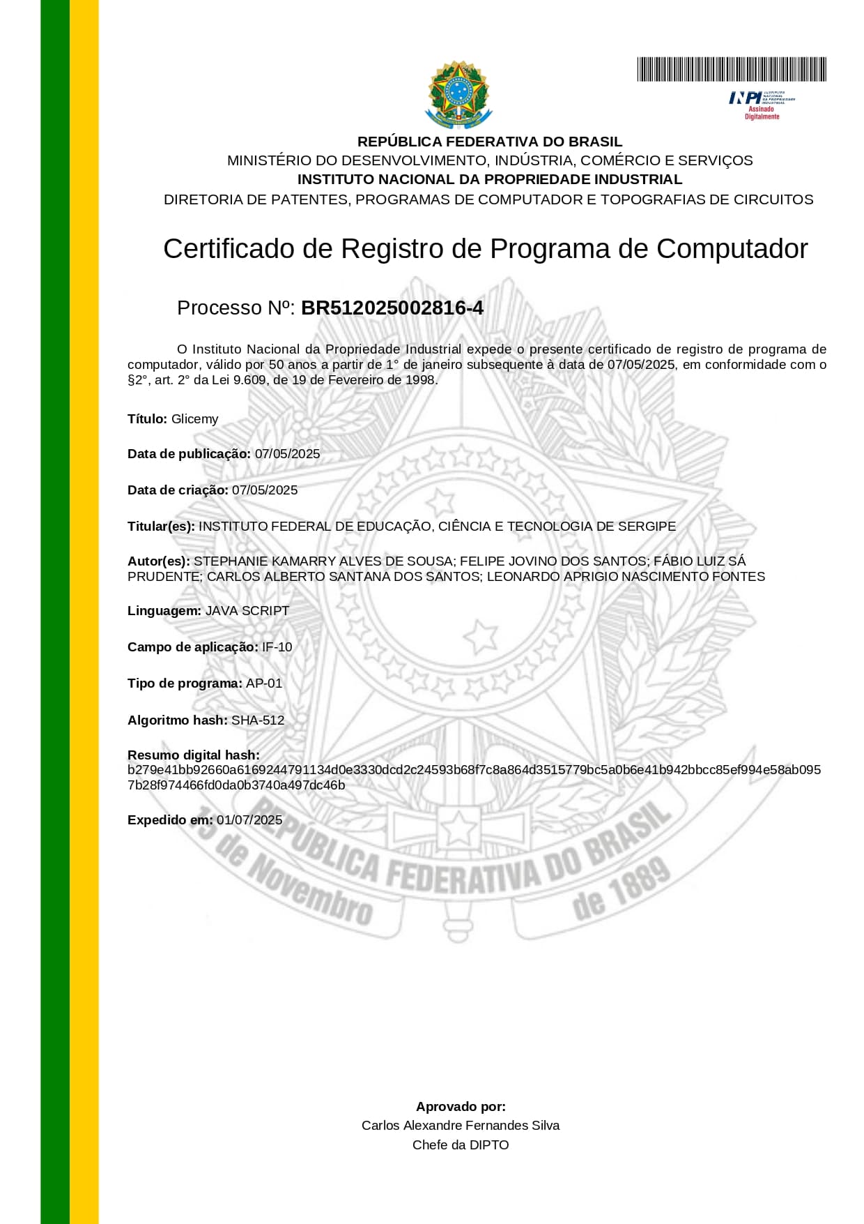 Certificado de Registro de Programa de Computador do INPI para Glicemy — processo BR512025002816-4