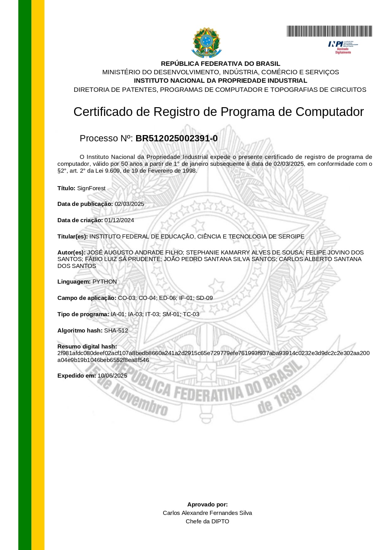 Certificado de Registro de Programa de Computador do INPI para SignForest — processo BR512025002391-0